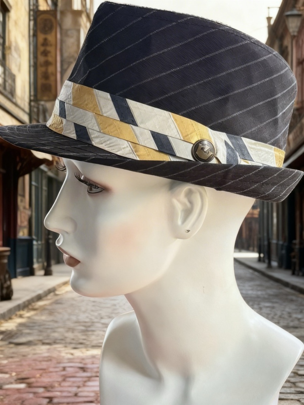 Goorin Bros Black Fedora with Gold, White & Black Band Small